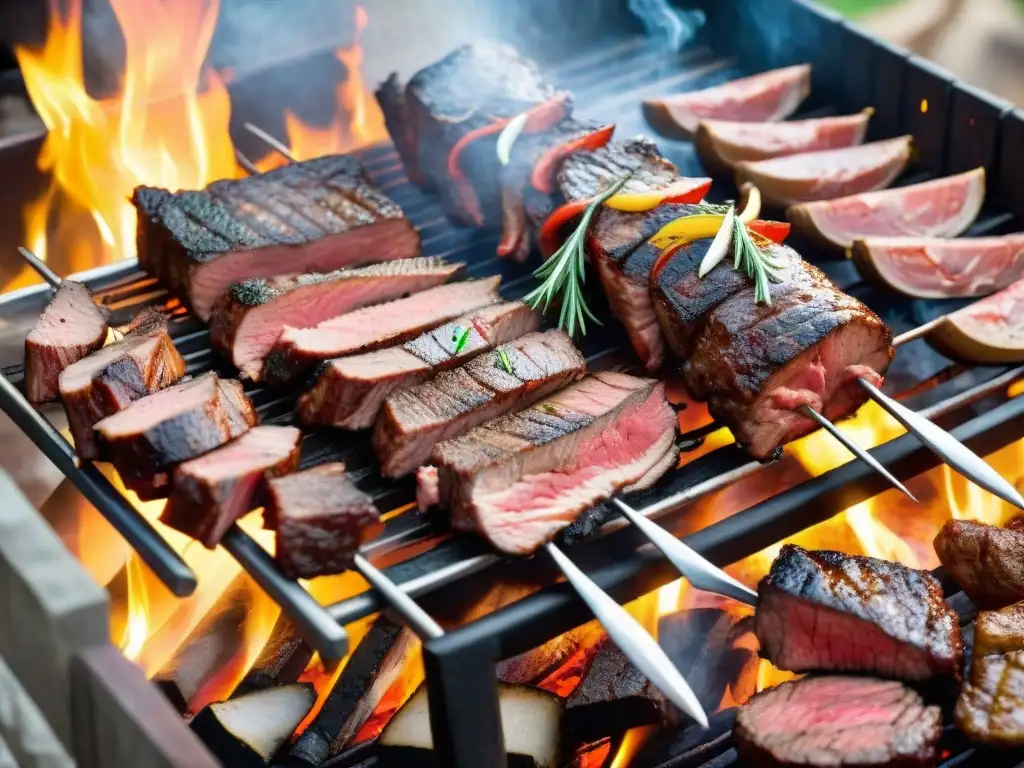 Deléitate con los mejores cortes de asado uruguayos en una imagen ultra detallada y realista de un típico asado criollo al aire libre