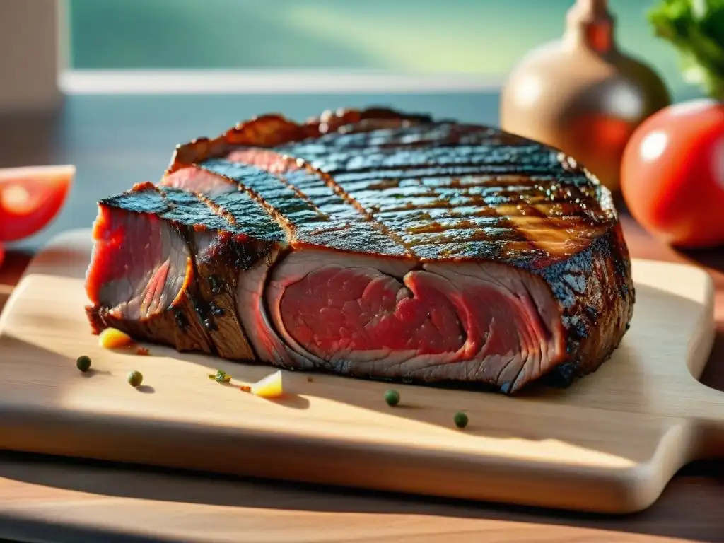 Los mejores cortes de carne magros dispuestos con elegancia en una tabla de madera, bañados por la cálida luz del sol