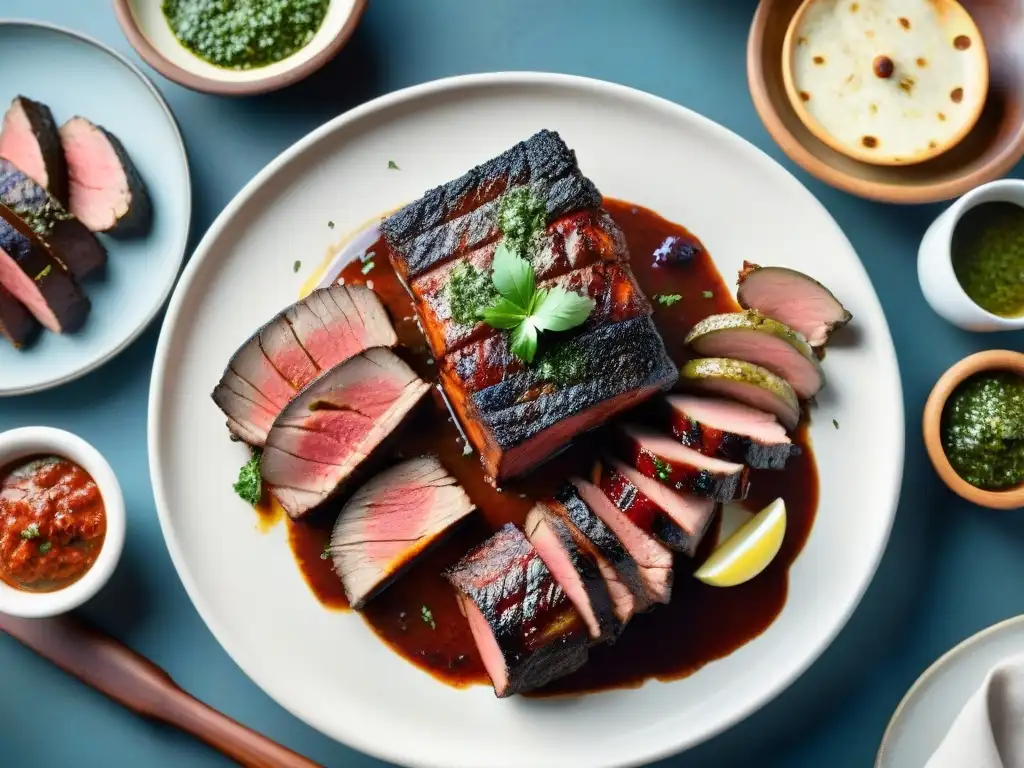 Disfruta de los mejores destinos para asado uruguayo con este banquete de carnes asadas, chimichurri y vino Tannat en una parrilla tradicional