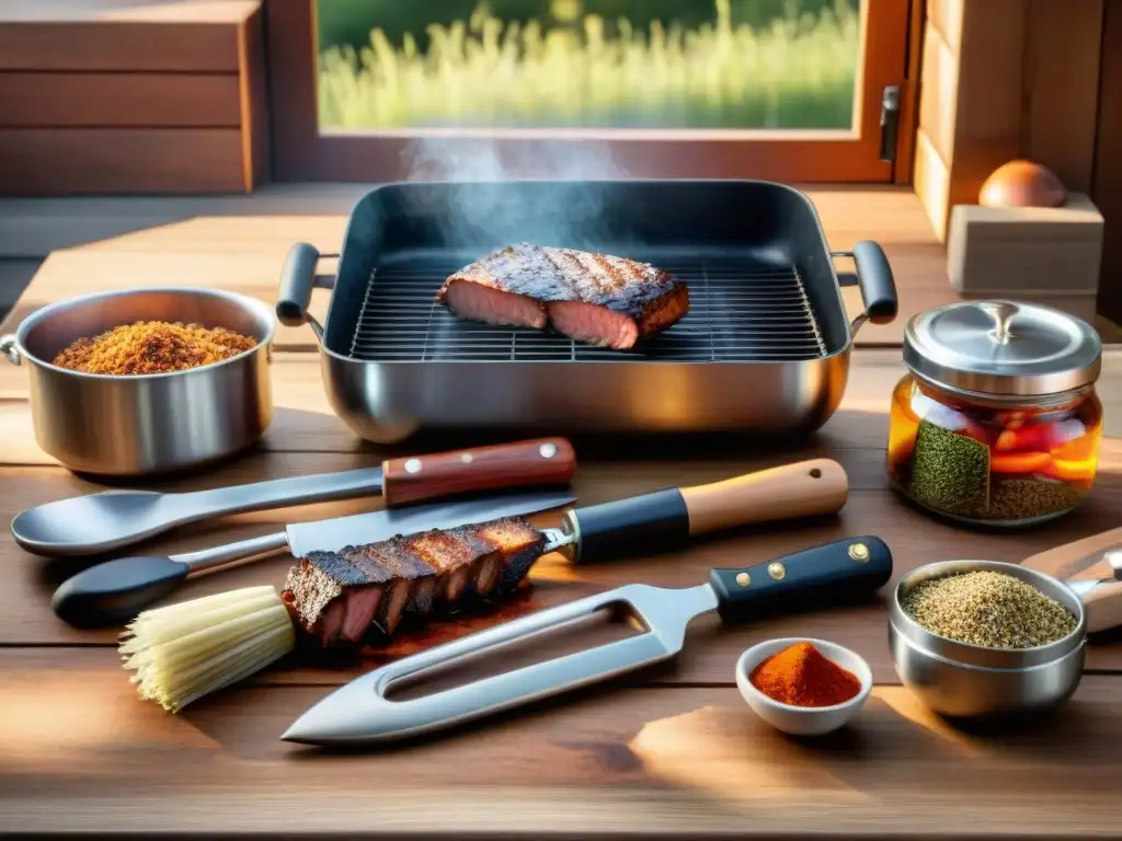 Las mejores herramientas para el maestro asador brillan en la luz del sol en una mesa de madera rústica