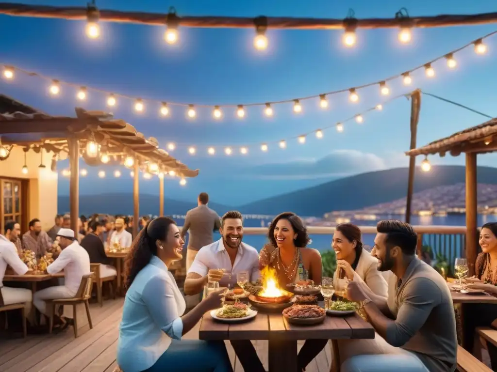 Disfrute de las mejores parrilladas con entretenimiento en una animada escena nocturna de restaurante al aire libre