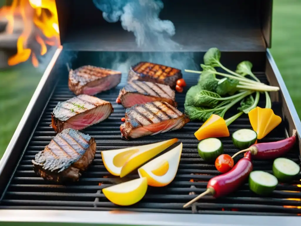 Mejores parrillas antiadherentes asado en escena de barbacoa perfecta al atardecer