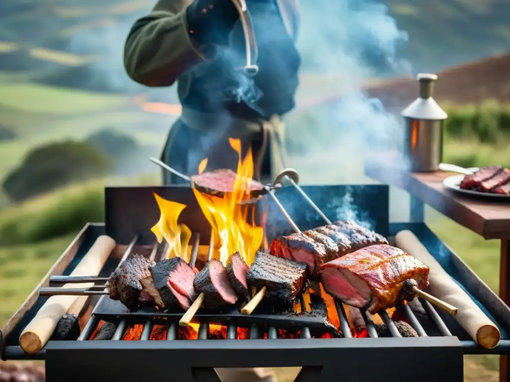 Los mejores parrillas para asado uruguayo en un escenario campestre con gauchos expertos asando churrasco, morcilla y chorizo sobre brasas brillantes