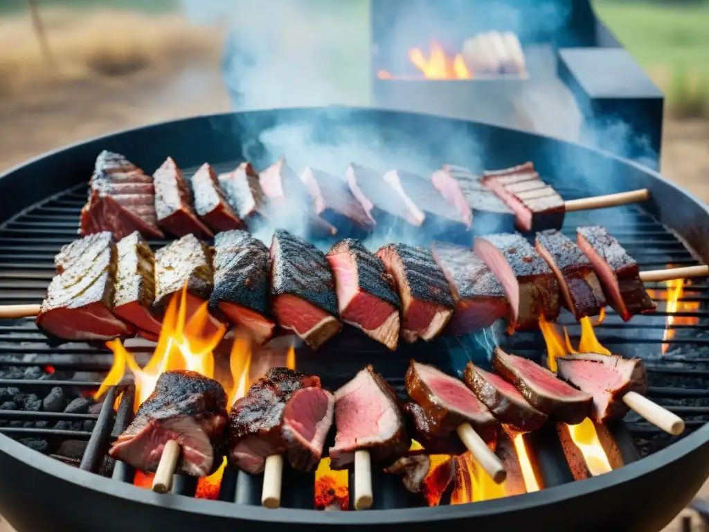 Disfrutando de las mejores técnicas de asado uruguayo en el campo con amigos y familiares, carne sizzling sobre brasas