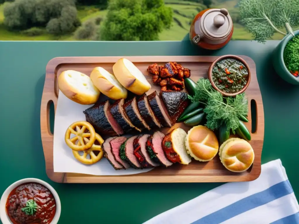 Deléitate con las mejores técnicas de asado uruguayo en un festín campestre con churrasco, morcilla y chimichurri, rodeado de gauchos