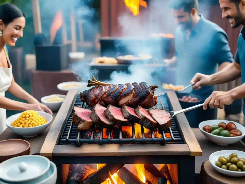 Disfrute de las mejores técnicas de asado uruguayo en una escena de camaradería y alegría compartida alrededor de la parrilla en un atardecer cálido