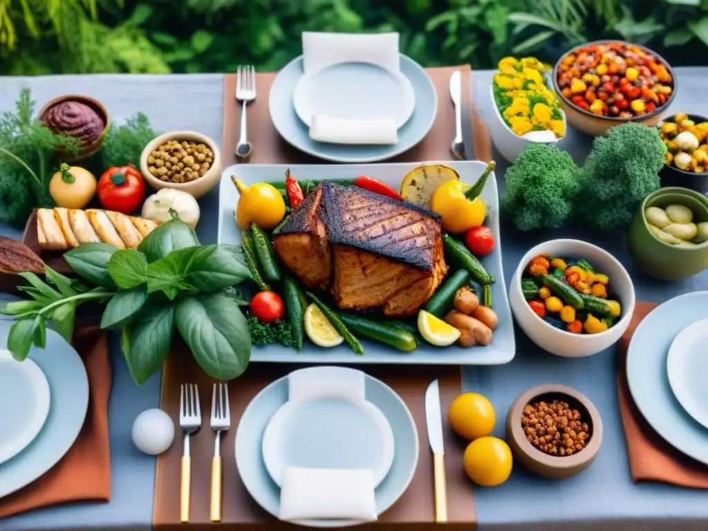 Menú asado adaptado para diferentes gustos en una mesa de picnic elegante y apetitosa rodeada de vegetación exuberante