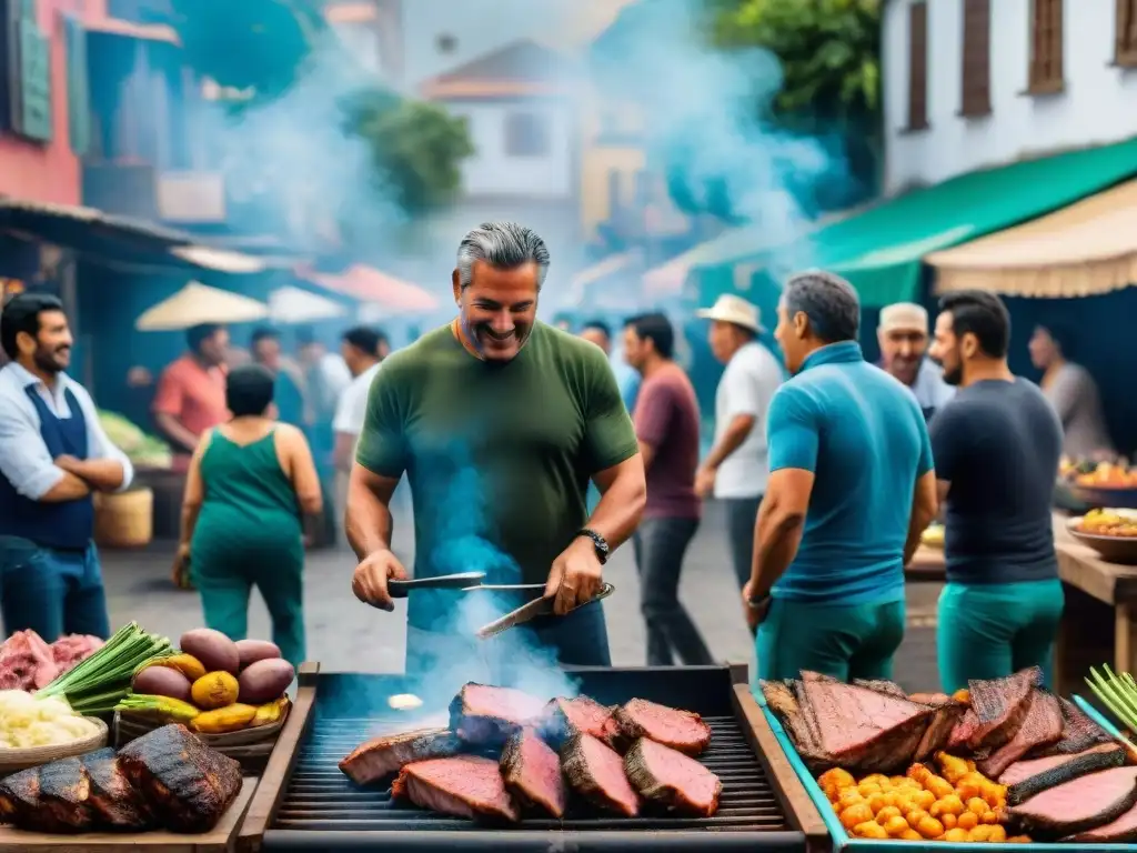 Un mercado al aire libre en Uruguay con un asado uruguayo, donde la comunidad se reúne para disfrutar y compartir