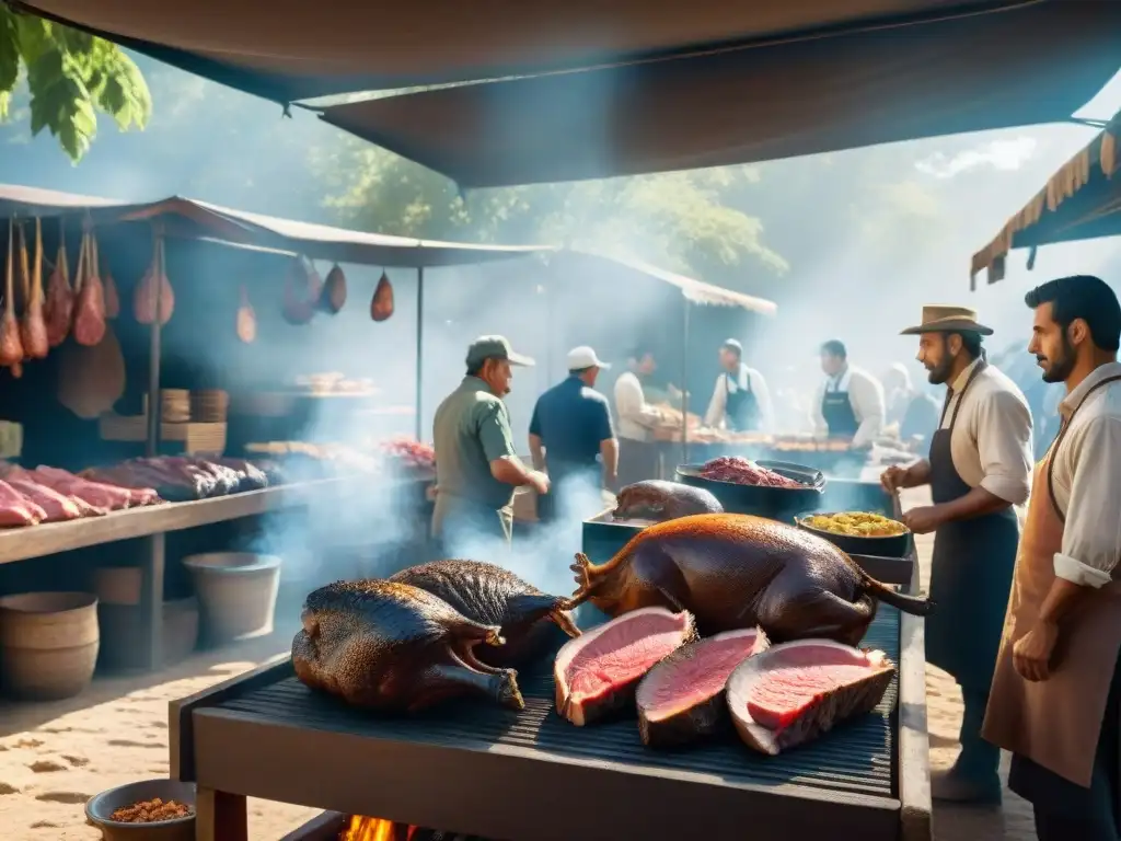 Un mercado al aire libre en Uruguay con preparación de carnes exóticas para asar