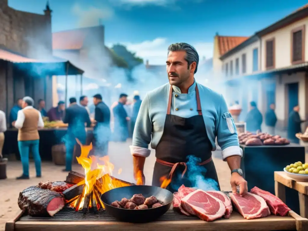 Mercado al aire libre en Uruguay: coloridas paradas, chef asando carne, historia del asado uruguayo evento cultural