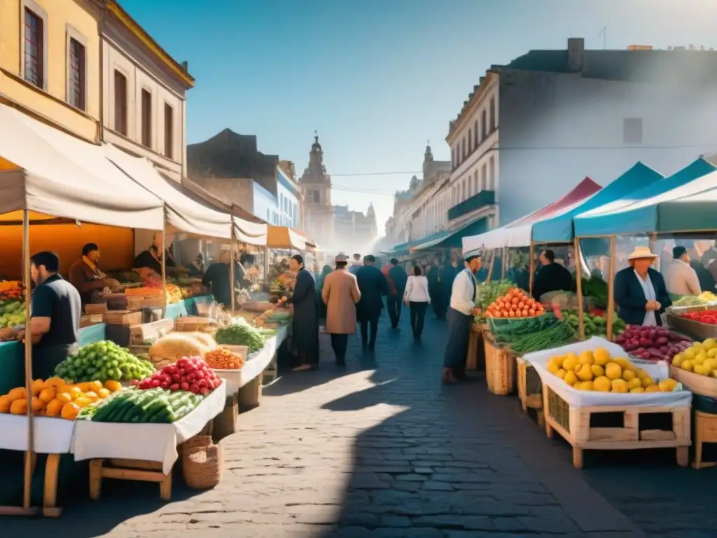 Un mercado al aire libre en Uruguay lleno de vida y color, con productos frescos y locales