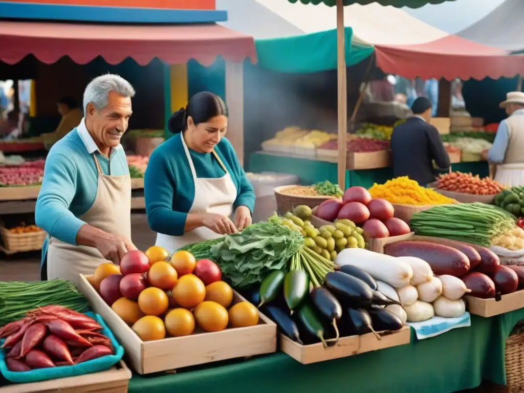 Un mercado al aire libre en Uruguay, lleno de vida y color con ingredientes frescos para el marinado perfecto para asado uruguayo