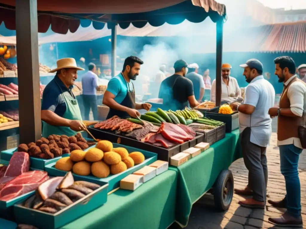 Un mercado al aire libre en Sudamérica con tendencias asado carnes exóticas, colores vibrantes y actividad bulliciosa