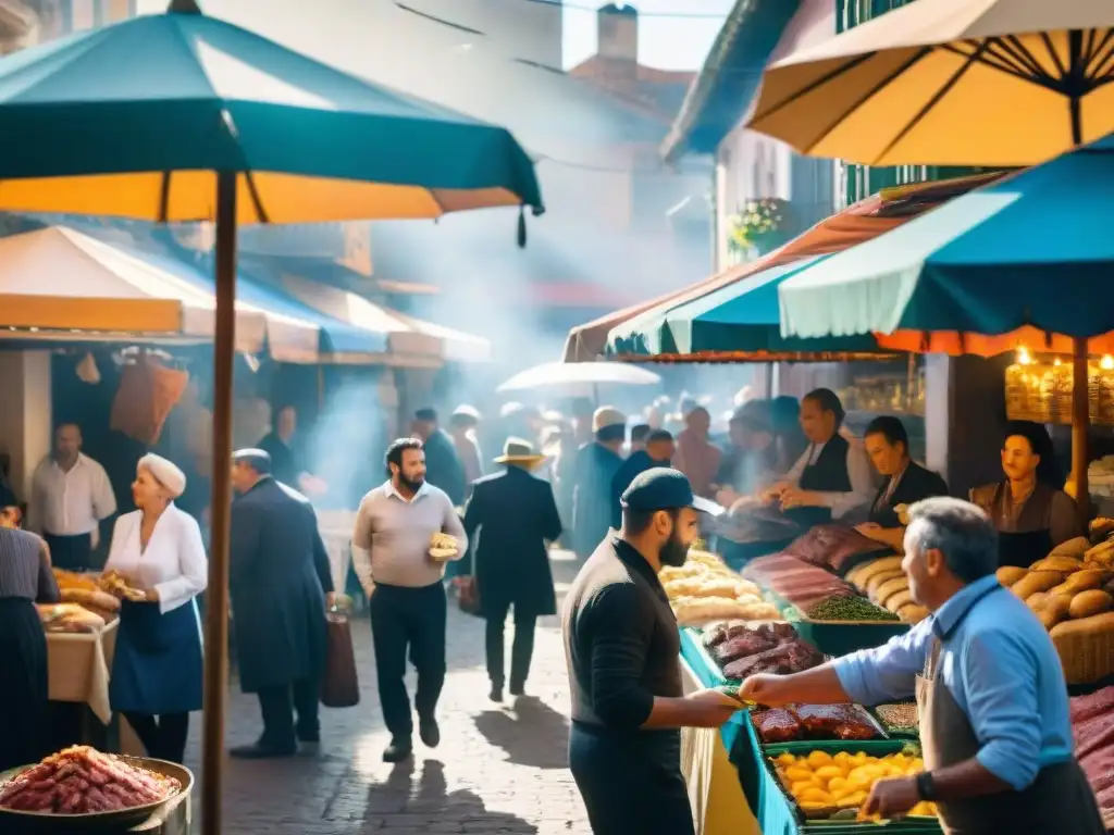 Un mercado al aire libre en Uruguay con variedad de comidas tradicionales y delicatessen judías, reflejando la diversidad culinaria