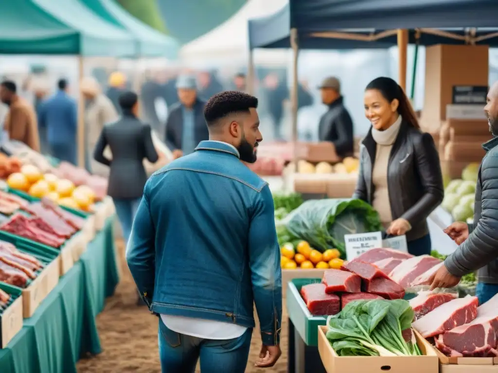 Un mercado agrícola bullicioso donde la comunidad elige carnes locales de forma consciente, fomentando el consumo responsable en la industria cárnica