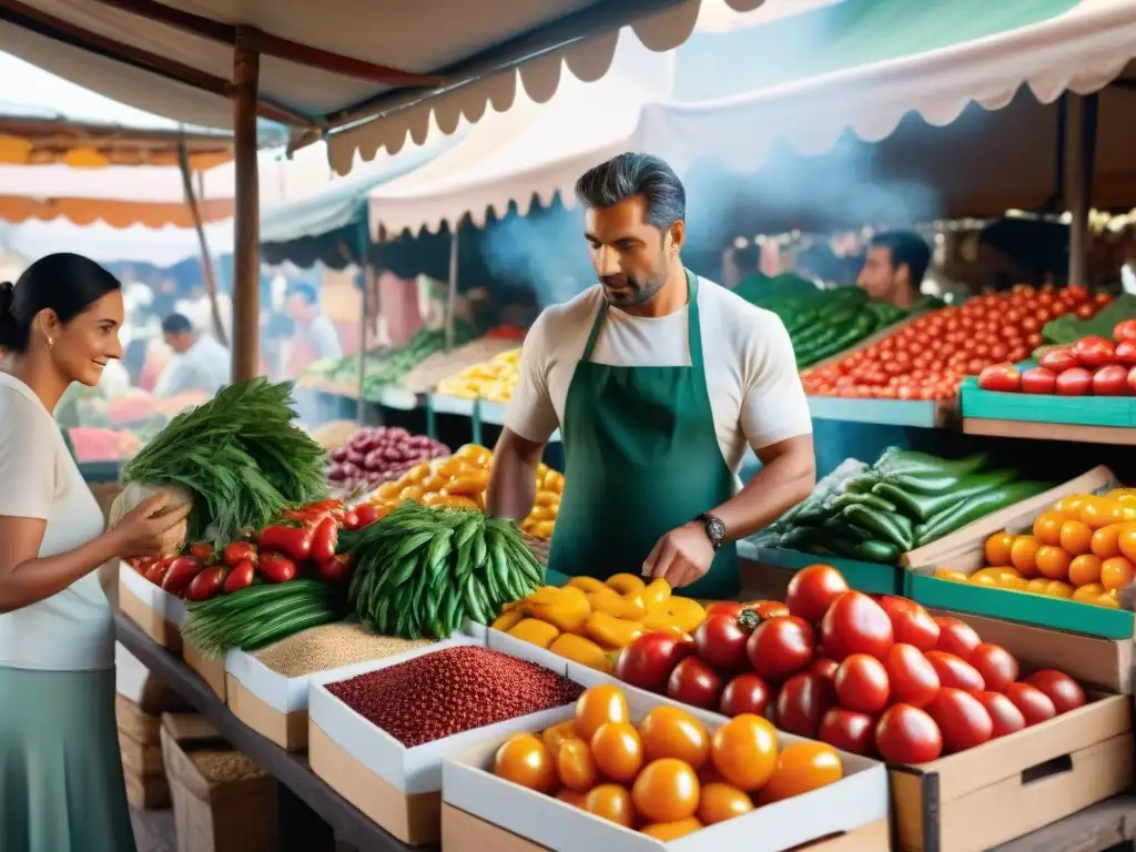 Mercado bullicioso en Uruguay con ingredientes frescos y coloridos para salsas uruguayas tradicionales e innovadoras