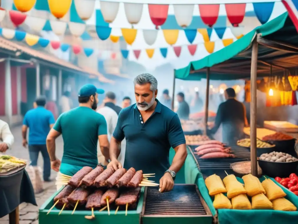 Un mercado bullicioso en Uruguay, con vendedores locales, asado y banderas coloridas