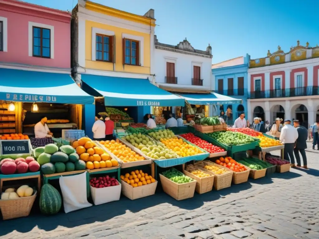 Un mercado callejero vibrante en Uruguay con locales y turistas explorando puestos de frutas, verduras y comida típica