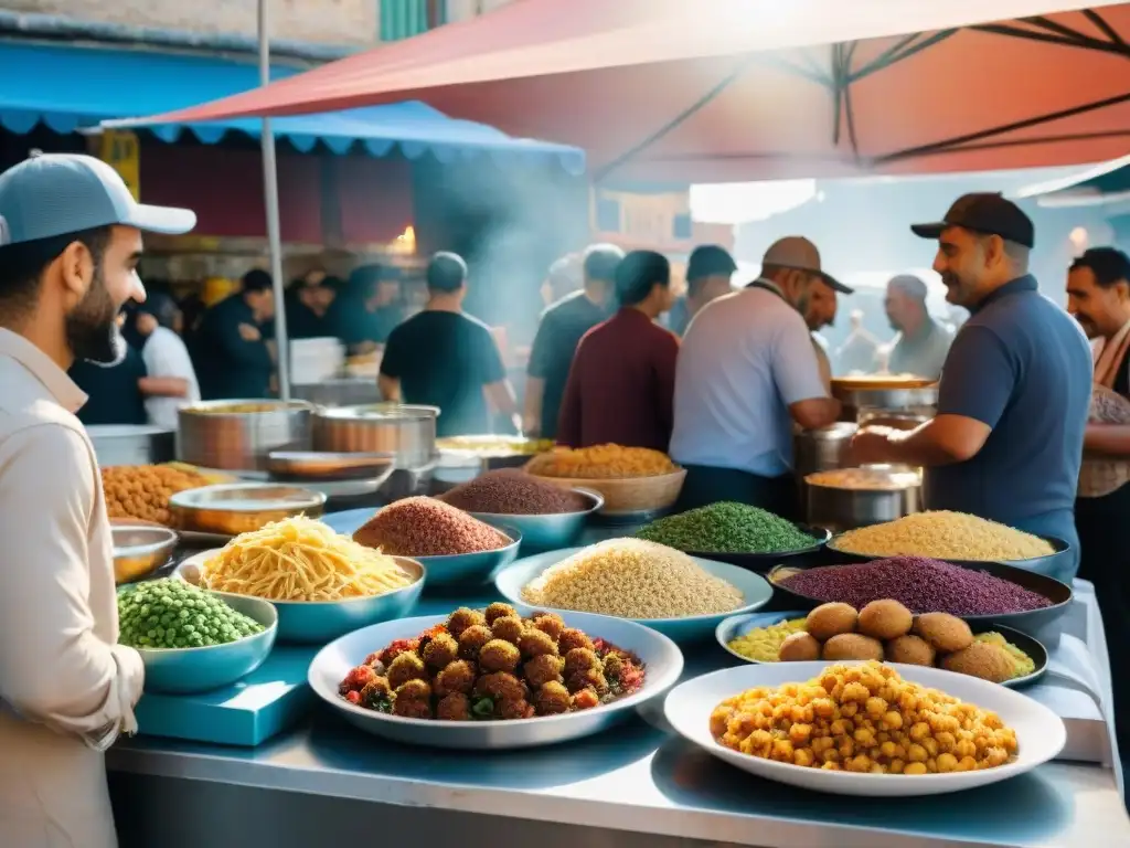 Un mercado de comida al aire libre en Uruguay con influencias internacionales en gastronomía uruguaya, vibrante y colorido