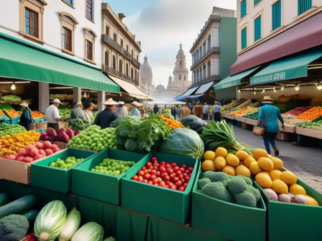 Un mercado urbano en Montevideo con puestos de frutas y verduras coloridas, promoviendo el Manejo de residuos post-asado Uruguay