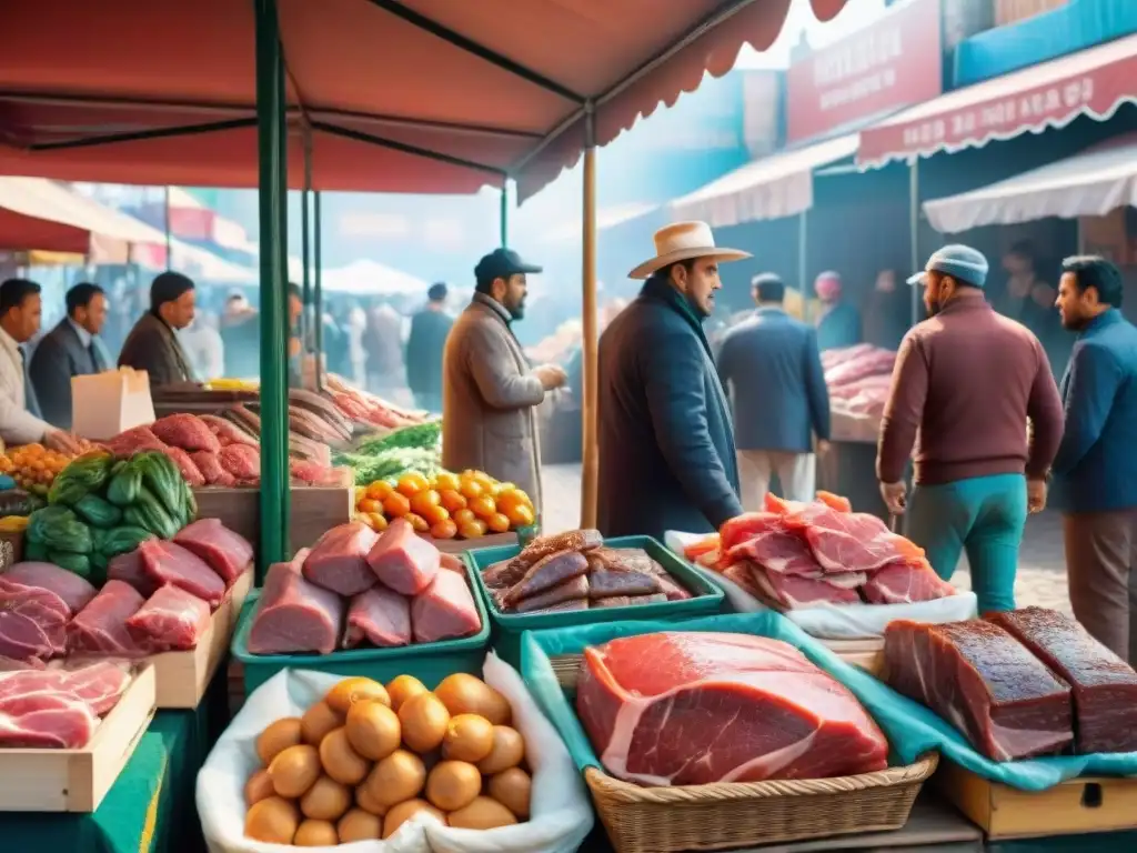 Un mercado uruguayo bullicioso con vendedores mostrando cortes de carne fresca