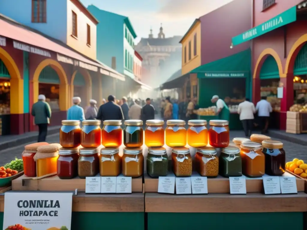 Un mercado uruguayo tradicional rebosante de vida y color con salsas innovadoras en frascos de vidrio