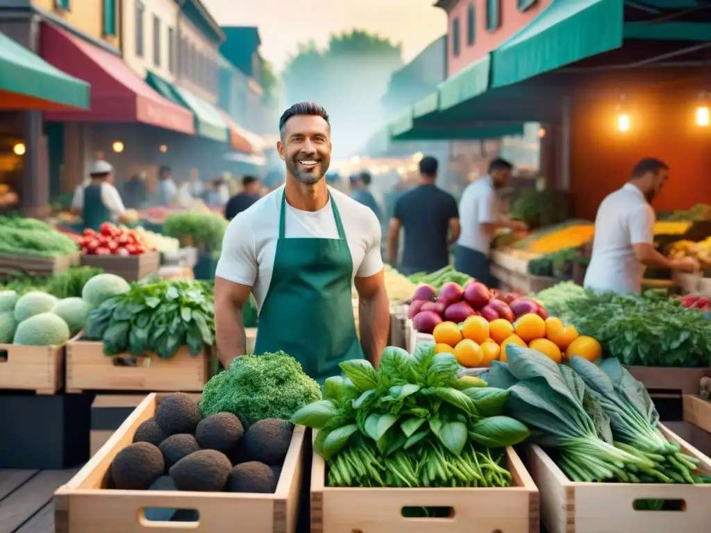 Un mercado vibrante al aire libre con ingredientes orgánicos, colores vivos y ambiente comunitario