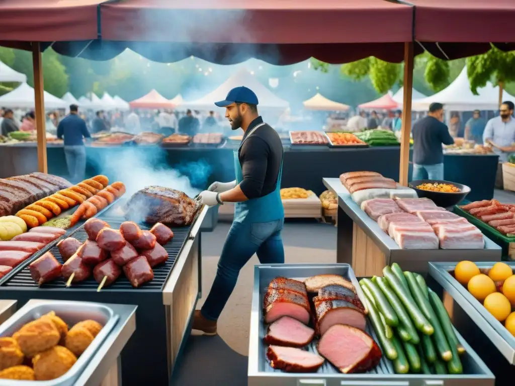 Un mercado vibrante al aire libre, preparativos para un asado solidario