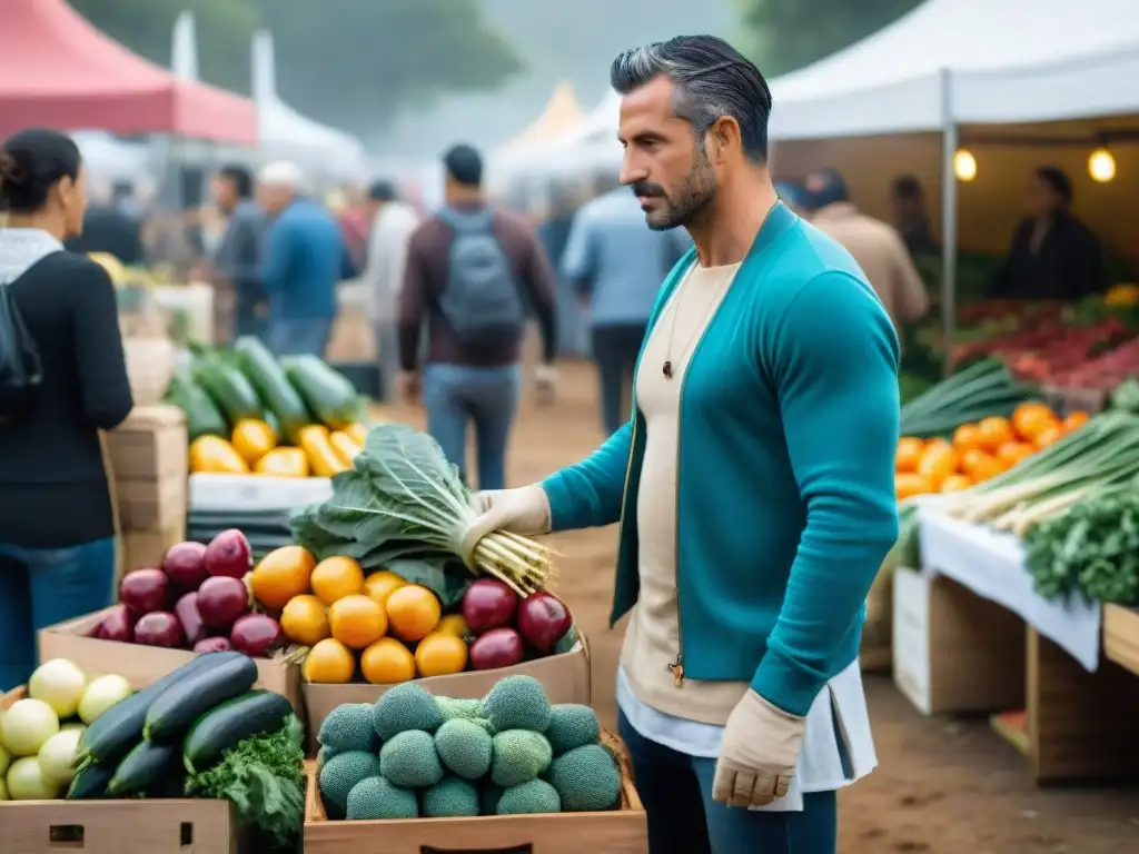 Un mercado vibrante en Uruguay, donde se ofrece asado vegano en un ambiente cultural diverso y animado