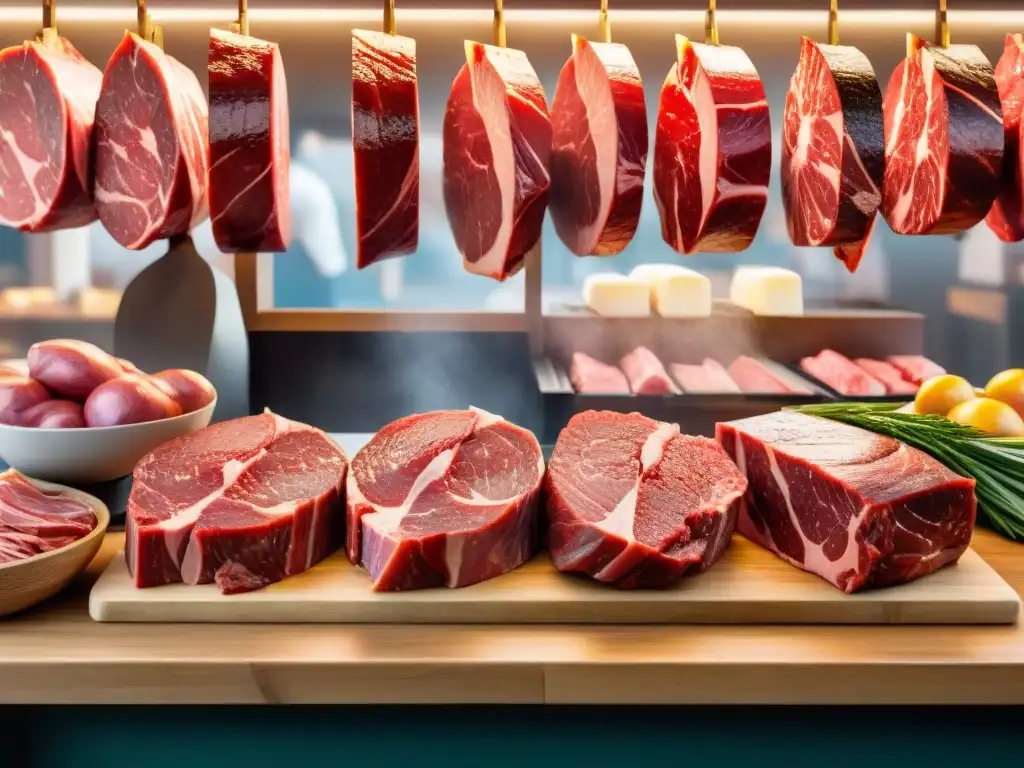 Mercado vibrante en Uruguay con carnes frescas en mesas de madera