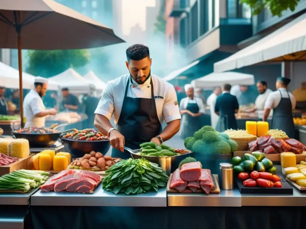 Un mercado vibrante con vegetales frescos, carnes suculentas, parrillas humeantes y clientes entusiastas