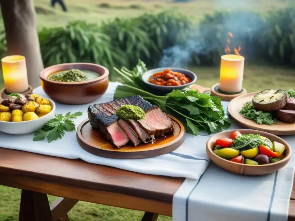 Mesa al aire libre en Uruguay con asado tradicional y verdor, en cálida luz del atardecer