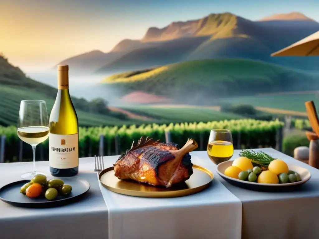 Una mesa al aire libre en un asado uruguayo con vinos blancos recomendados en cubos de hielo