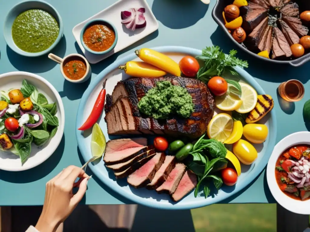 Una mesa al aire libre para asado uruguayo con menú balanceado y colorido