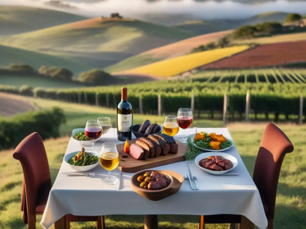 Una mesa al aire libre en Uruguay para un asado con recetas tradicionales y guarniciones innovadoras al atardecer