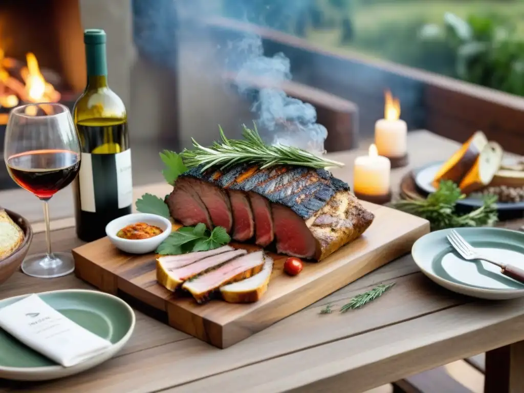 Una mesa al aire libre con un asado uruguayo y vinos locales, ideal para maridajes