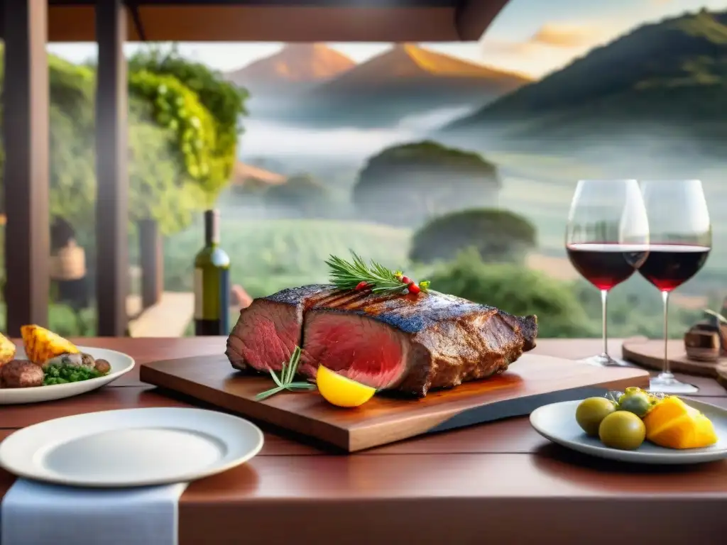 Una mesa al aire libre con un asado y vino uruguayo, evocando un maridaje perfecto y la riqueza cultural