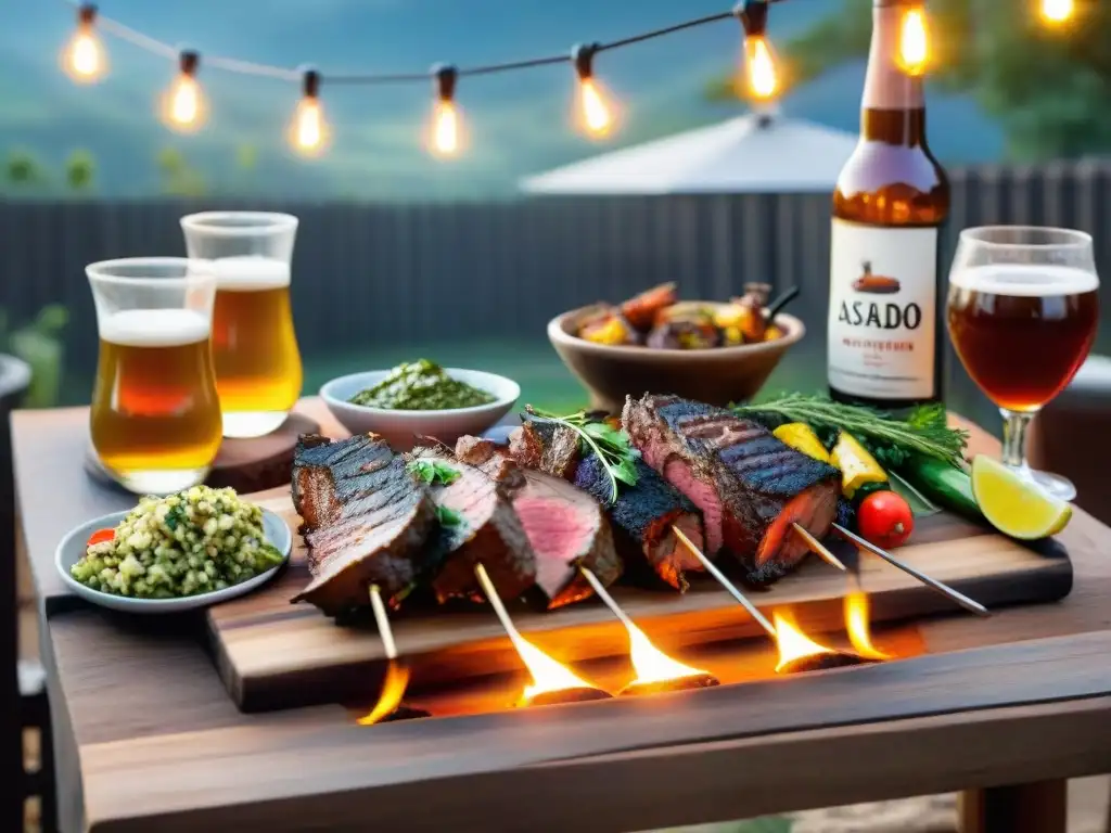 Una mesa al aire libre al atardecer con un asado uruguayo innovador, maridajes y luces cálidas