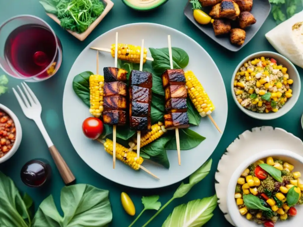 Una mesa al aire libre para una barbacoa vegana, con vino y platos coloridos