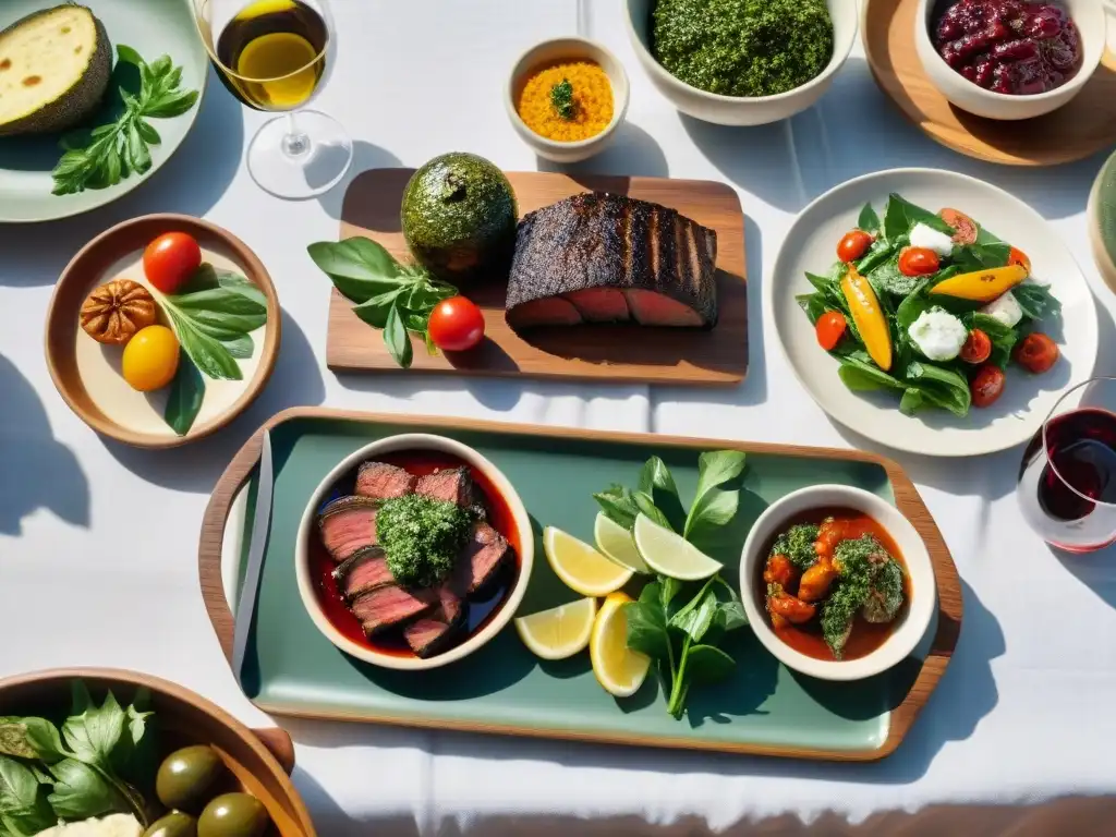 Una mesa al aire libre elegantemente decorada con las mejores guarniciones para asado uruguayo, bañada por cálida luz solar