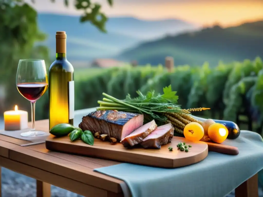 Una mesa al aire libre bellamente decorada con asado y Albariño, creando el maridaje perfecto