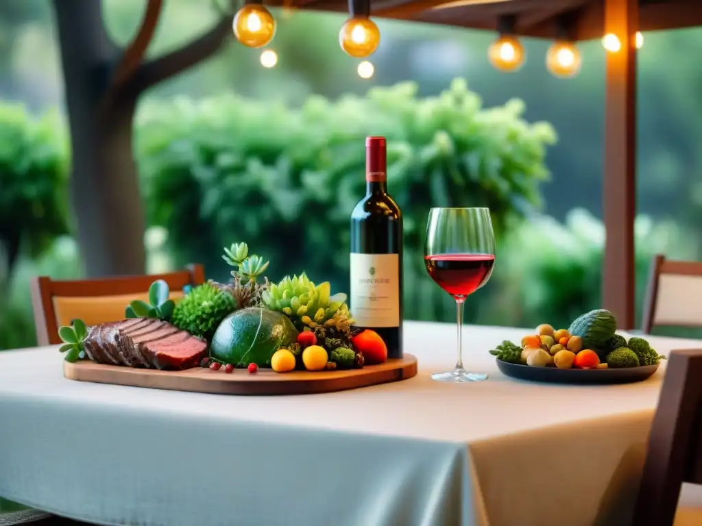 Una mesa al aire libre bellamente decorada con vino y asado, rodeada de vegetación exuberante y luces cálidas