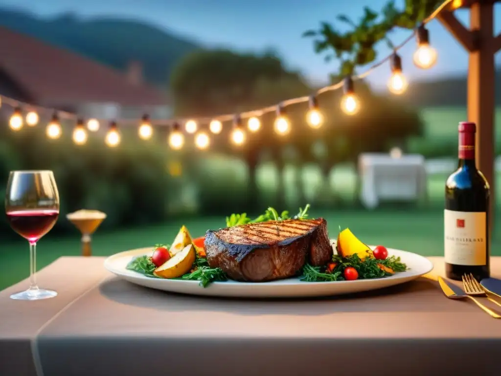 Una mesa al aire libre perfectamente decorada con vinos y variedad de carnes asadas, ideal para los Mejores vinos para asado