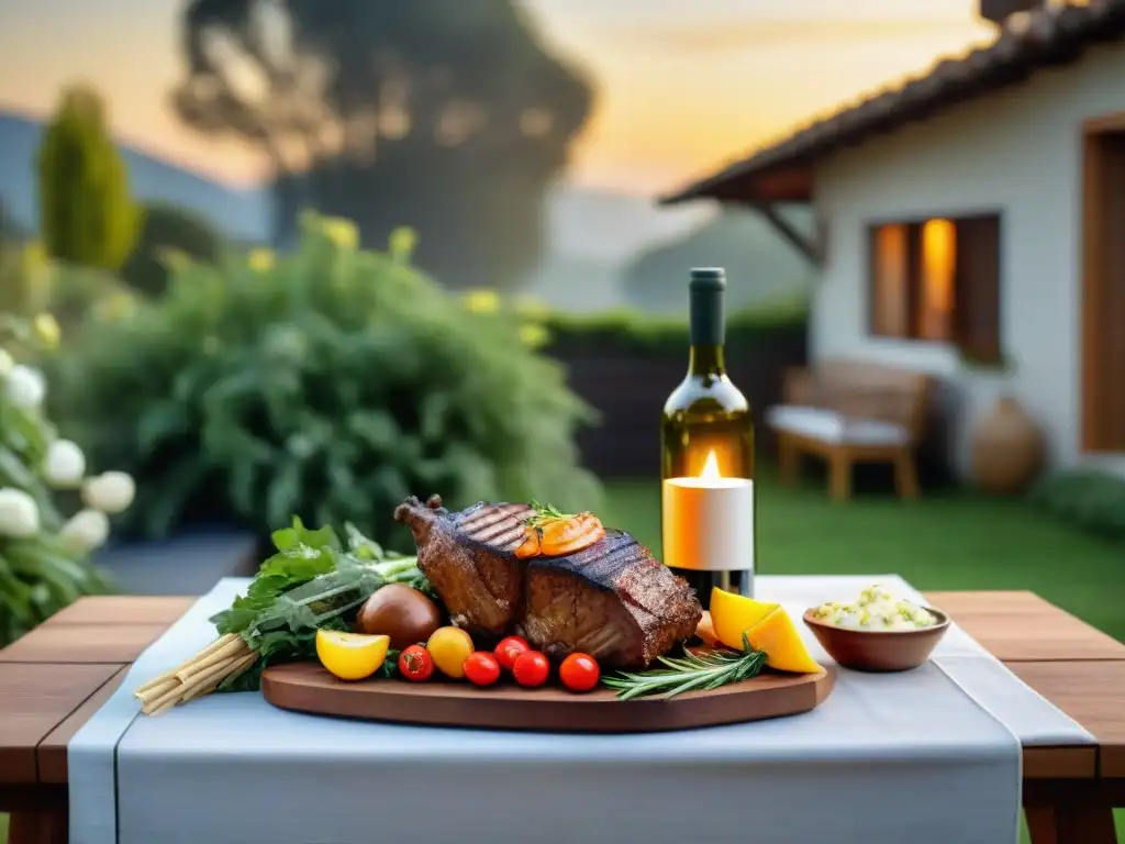 Una mesa al aire libre exquisitamente decorada con asado y vinos maridajes de autor chefs uruguayos