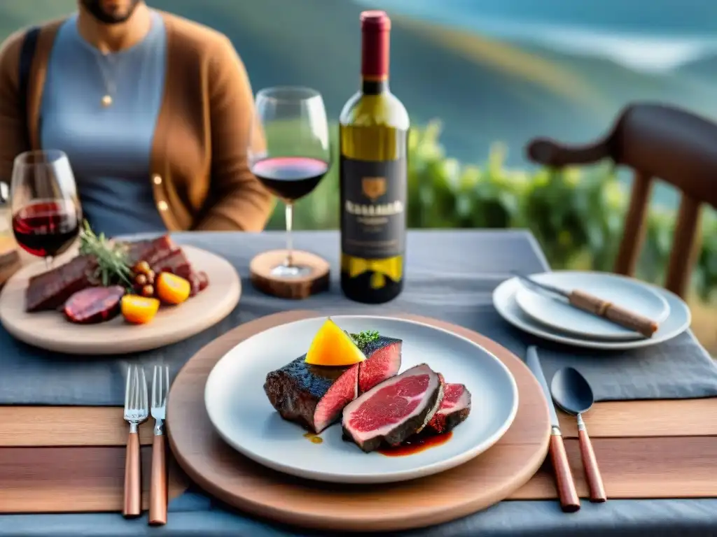 Una mesa al aire libre decorada con elegancia con vinos y cortes de carne, ideal para maridaje