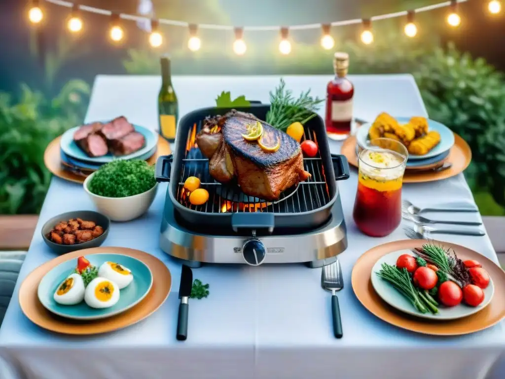 Una mesa al aire libre exquisitamente decorada para celebrar aniversario con asado único