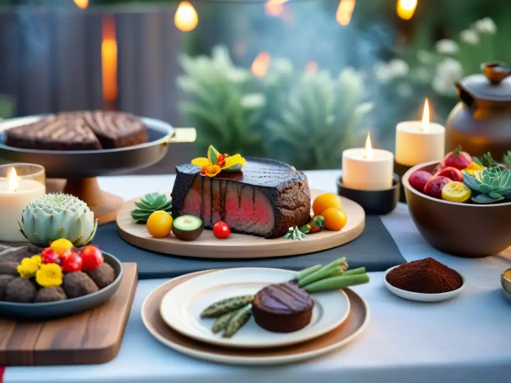 Una mesa al aire libre elegantemente decorada con asado y postres para maridar