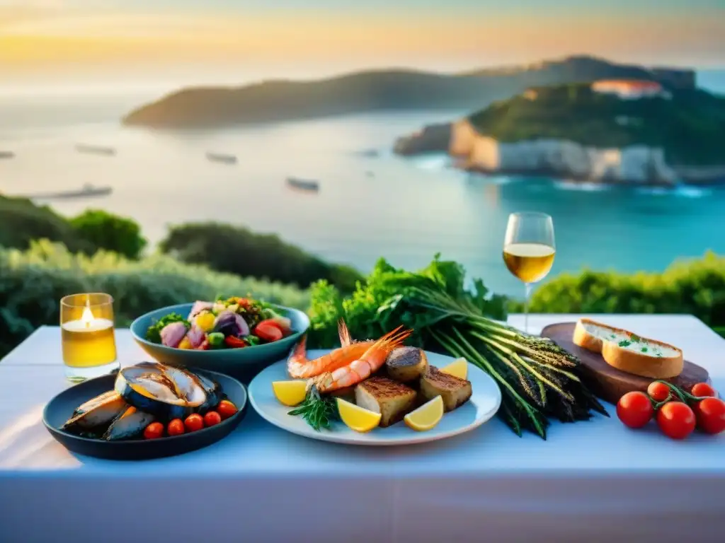 Una mesa al aire libre bellamente decorada con frutos del mar en asado, vinos y vegetales, bajo un atardecer dorado junto al mar