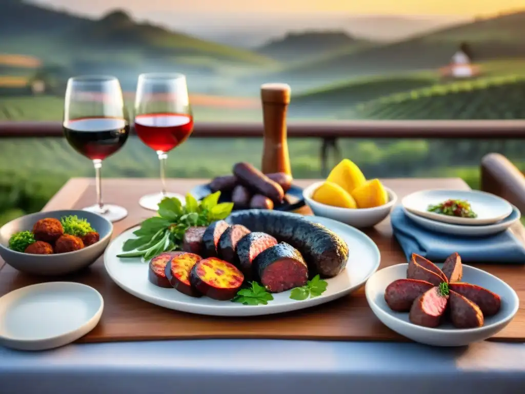 Una mesa al aire libre con delicias de asado uruguayo y maridajes únicos en un paisaje campestre exuberante