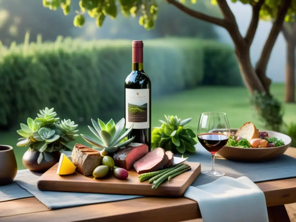 Una mesa al aire libre con exquisito asado y vinos uruguayos, armonía y celebración